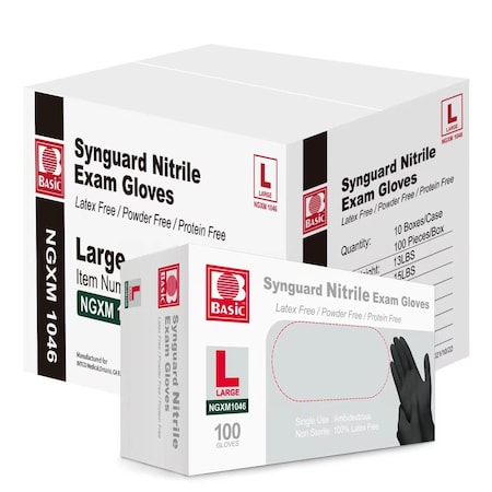 Basic Disposable Gloves, 4 mil Palm, Nitrile, Powder-Free, L, 1000 PK, Black Blk4NitrileLC